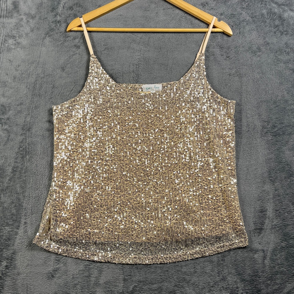 Grace & Lace Camisole Top Womens Large Beige Sequin Adjustable Spaghetti Straps